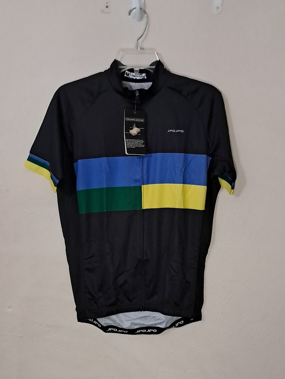 Men's Size Medium Black Cycling Jersey with Blue, Green & Yellow Stripes